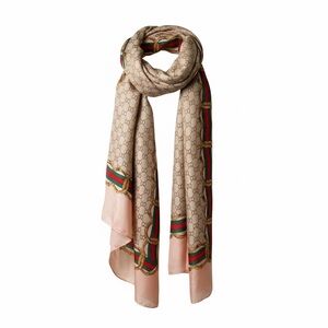 Beige Monogram Scarf with Pink Edges and Green-Red Web